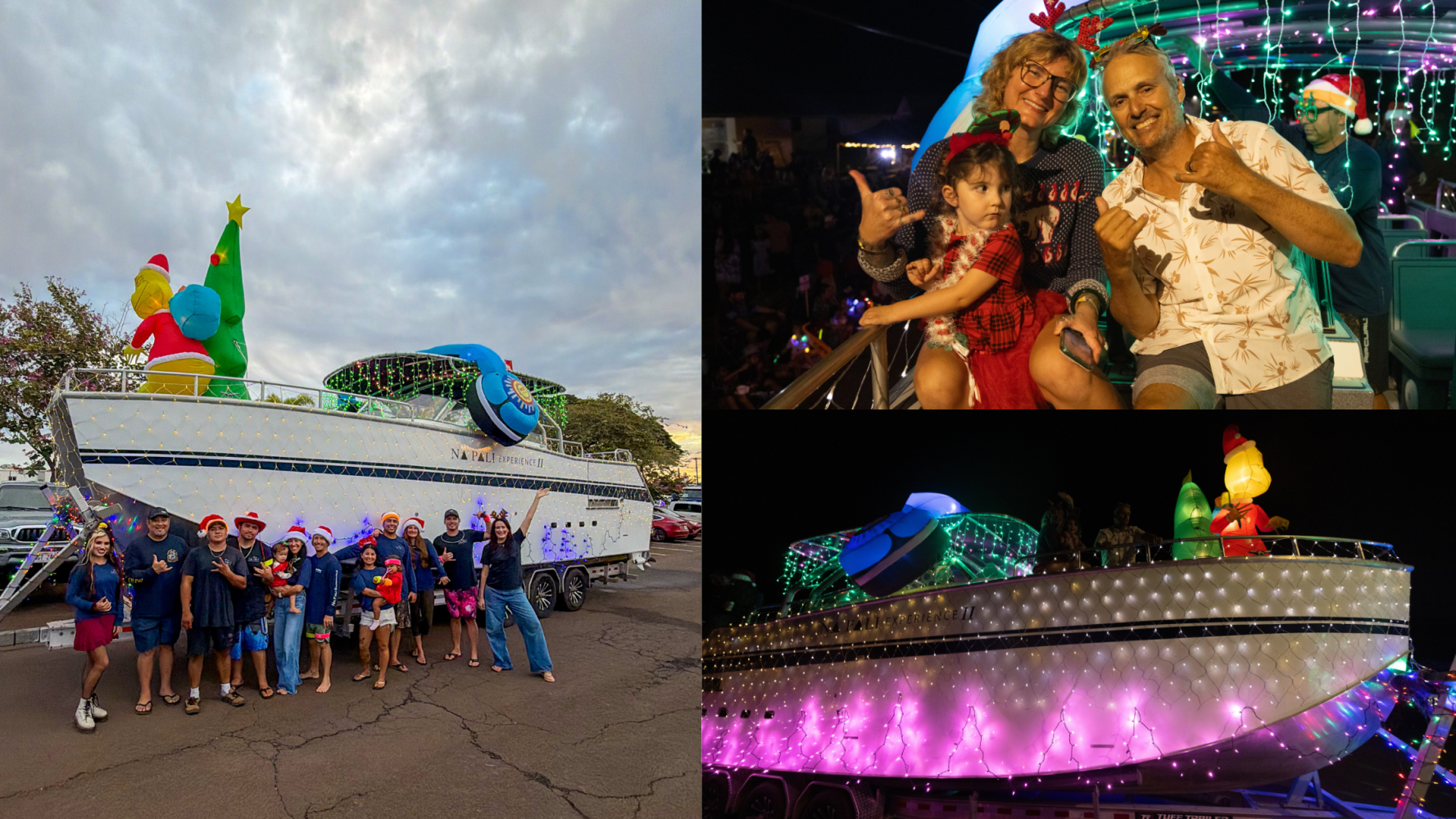 Festive boat with Christmas decorations and people posing in holiday attire during day and night.