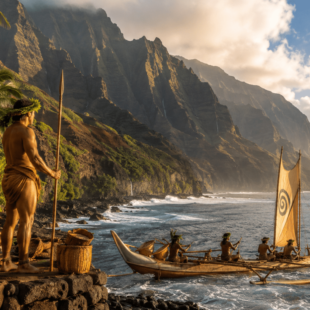 People in traditional attire with a canoe on a tropical coastline.