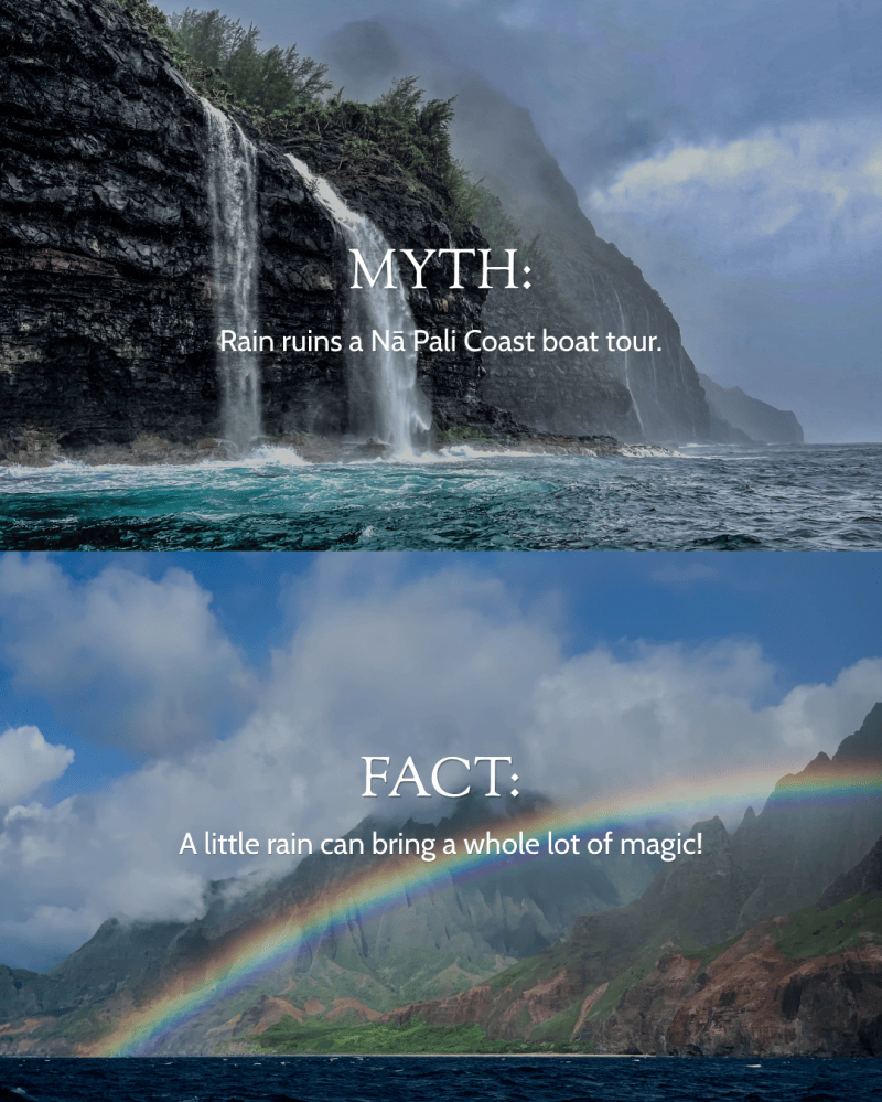 Na Pali Coast with waterfall and rainbow, text about rain's impact on boat tours.