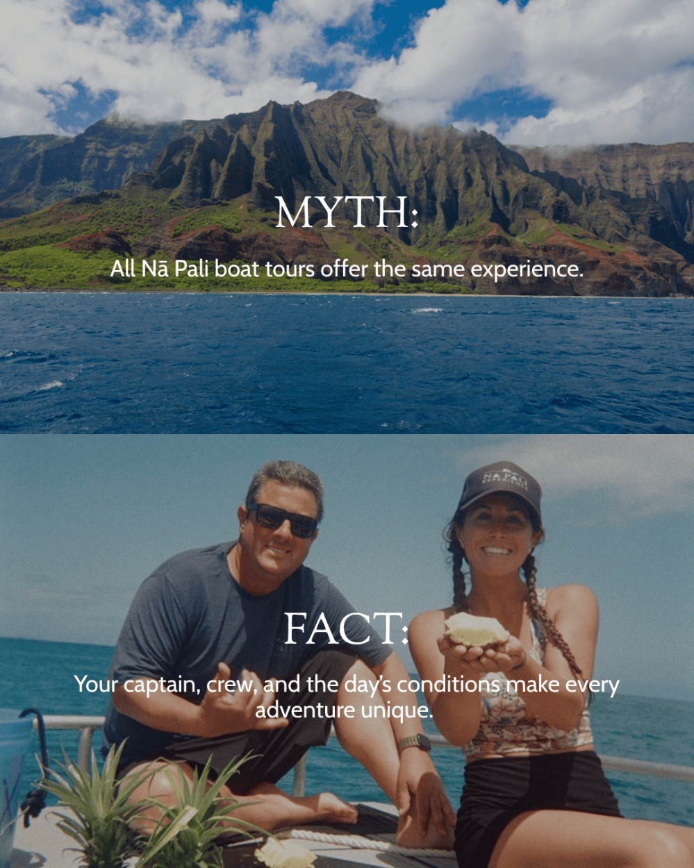 Split image: scenic cliffs over ocean; two people on a boat, text 'Myth' on top and 'Fact' on bottom.